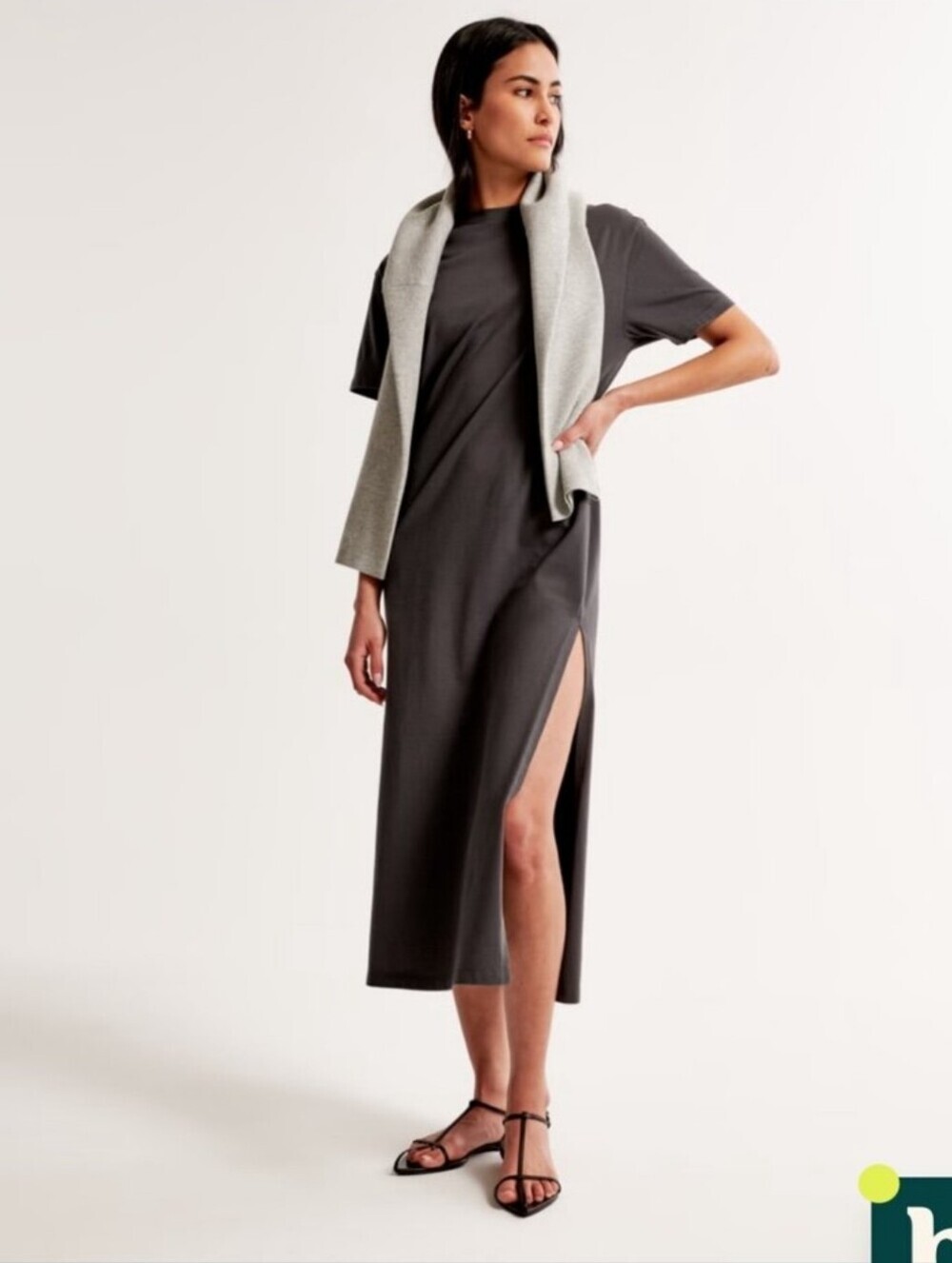 Abercrombie Dark Gray Cotton Maxi Dress | Minimalist Side Slit Tee Dress S
